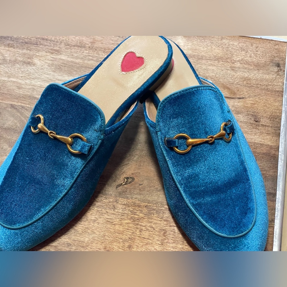Velvet Backless Slip-On Mules in Teal with Gold Bit